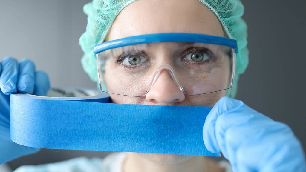 woman using tape to stop herself from gossiping